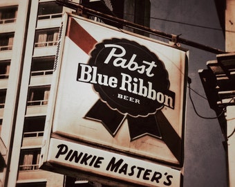 Pabst Blue Ribbon Sign Photo, Beer Sign Print, Bar Room Decor, Old Sign Photograph