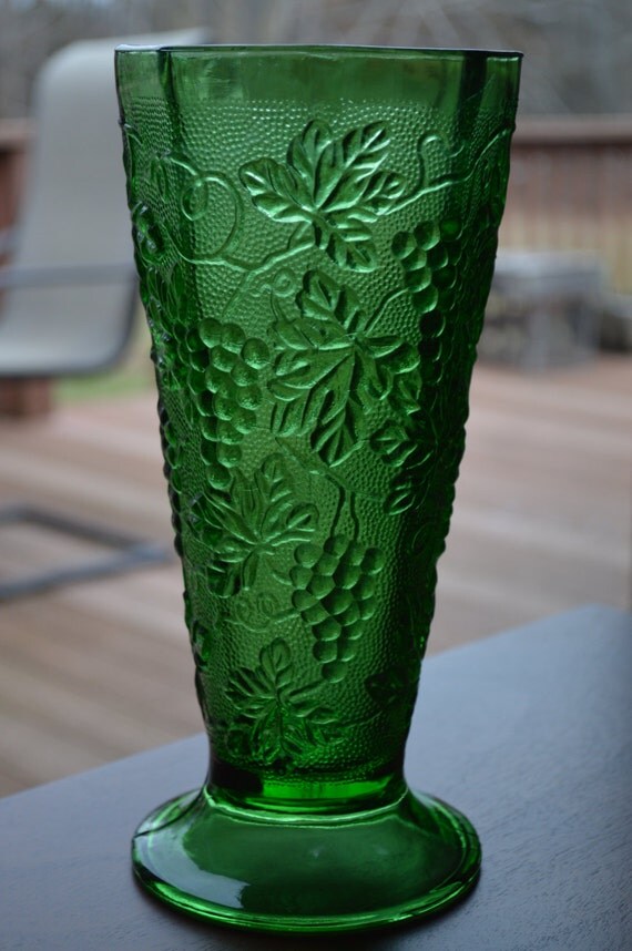 Green Glass Octagon Grape Patterned Vase