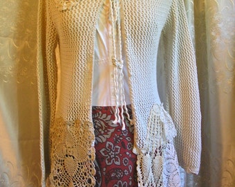 Bohemian Doily Sweater, soft cotton crochet doilies, hooded sweater, off white sweater, cotton sweater, altered sweater, SMALL