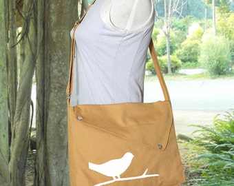 Yellow cotton canvas messenger bag / shoulder bag / bird messenger /diaper bag / cross body bag