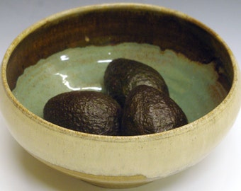 Tan and Green Bowl, Serving, sand, celadon, brown, blue, hand made, food safe, dishwasher safe, oven safe, microwave safe, born of fire