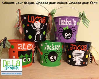 Halloween bucket: Personalized halloween trick or treat metal bucket, 5 quart pail, lots or colors, designs