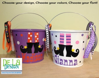 Halloween bucket: Witch's feet, boots, stockings Personalized halloween trick or treat metal bucket, 5 quart pail, LOTS of colors