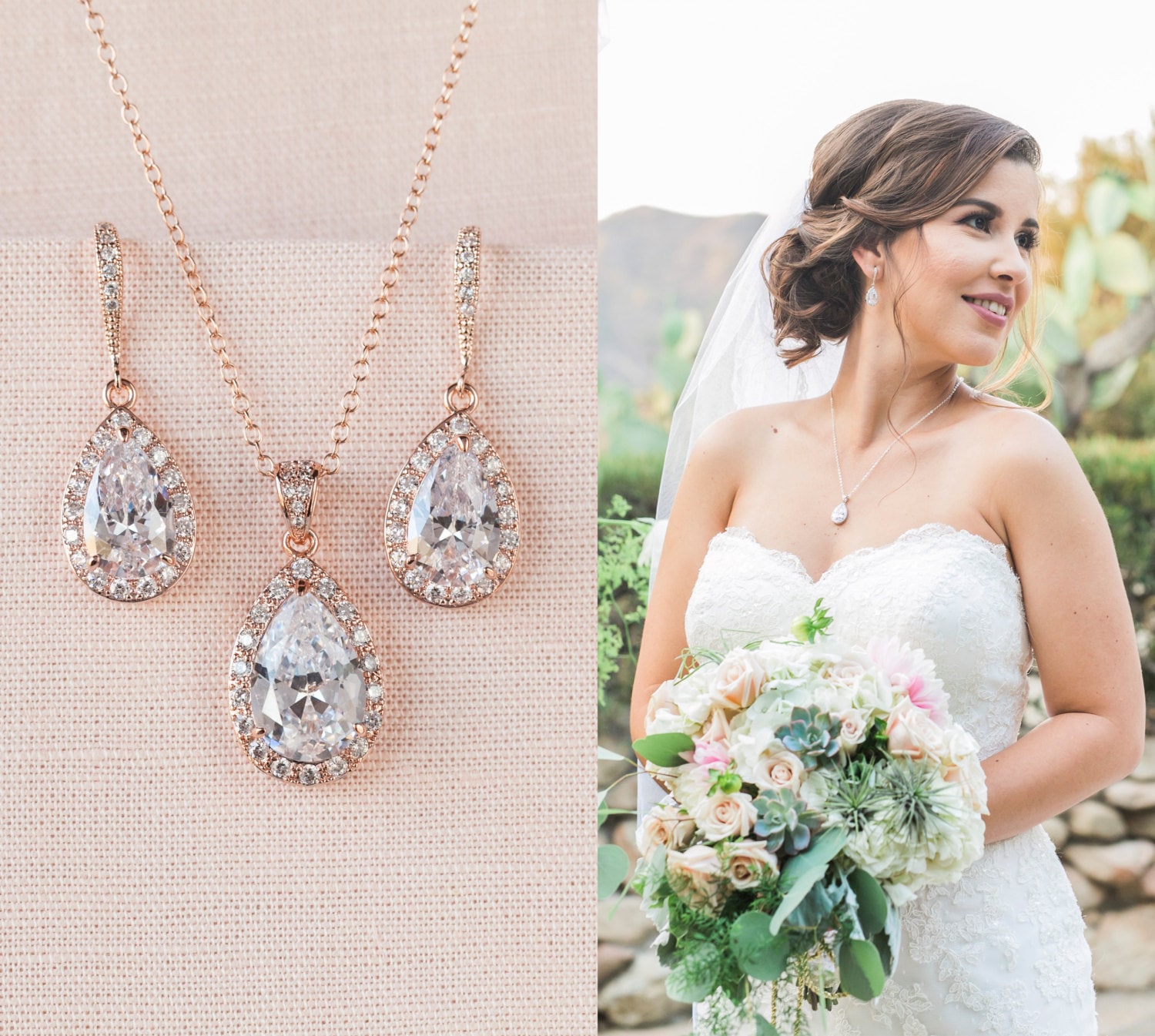 Rose Gold Bridal Set Bridesmaids Jewelry Set Crystal Pendant