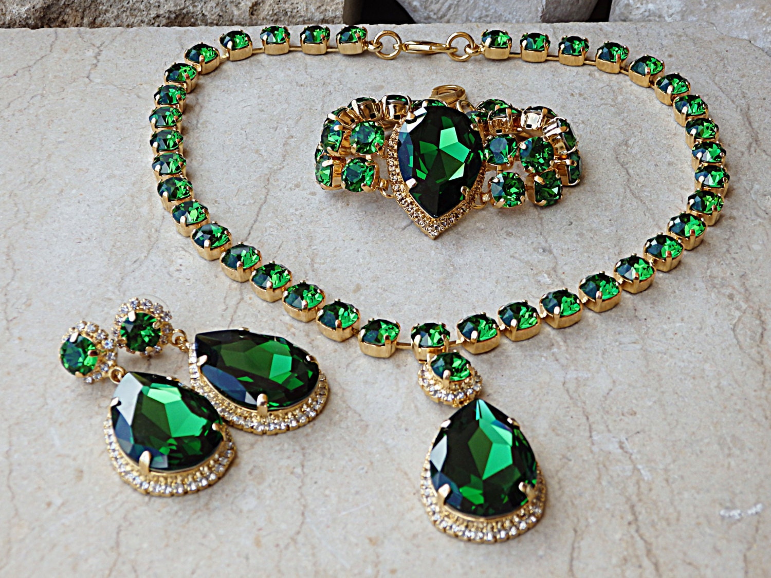 Emerald Jewelry Set Gold Green Swarovski Set Gold Bridal