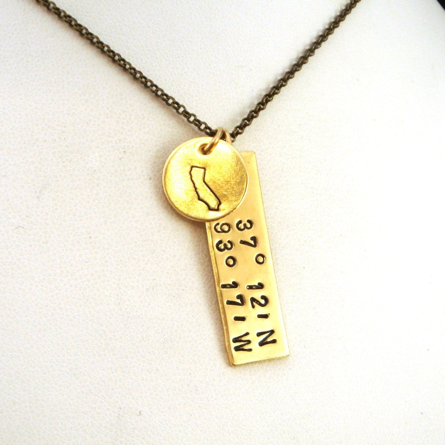 California GPS Coordinates Necklace California State Brass