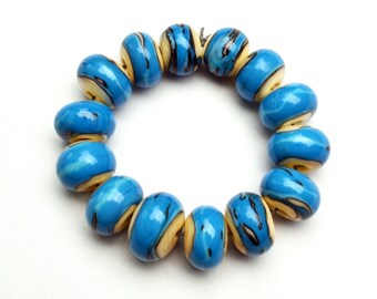 Lampwork Beads Blues on Ivory Set of 14