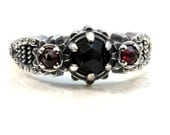 Ready to Ship Size 6-8 - Silver Steampunk Engagement Ring - Rose Cut Black Spinel and Rose Cut Red Garnets