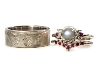 His and Hers White Gold Triple Moon Goddess Wedding Ring Set - Gray Moonstone and Rubies