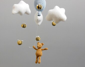 Bear and Bees Baby Mobile, Cloud Balloon Mobile, Classic Winnie and Pooh Nursery, Bear Nursery Mobile, Balloon Crib Mobile, Cloud Mobile