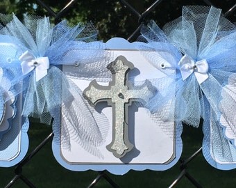God Bless banner, baptism banner, name banner, Christening banner, photo prop, table banner, blue and white decor, boy baptism banner