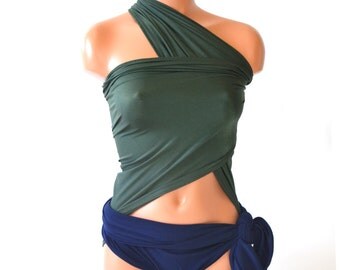 Large Bathing Suit Wrap-around Swimsuit Dark Navy Blue and Army Green Unique Womens Convertible Swimwear