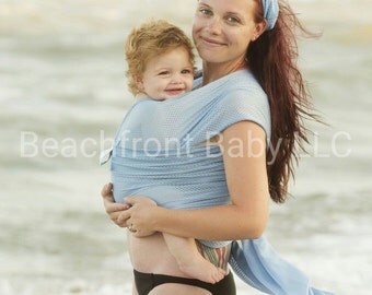 USA made Beachfront Baby Wrap Carrier- SAFE water babywearing at the beach, pool, water park or in the shower- Sky Blue mesh