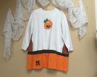 Upcycled Funky Halloween Tunic Top, Halloween Orange Pumpkin Sweatshirt