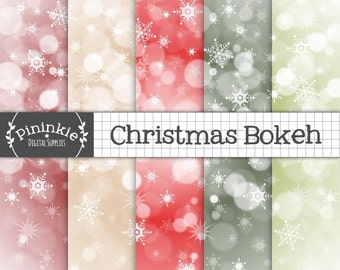 Bokeh Christmas Digital Paper, Snowflake Digital Paper, Red Bokeh Background, Snowflake Scrapbook Paper, Commercial Use