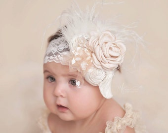rosette baby headband, feather headband, lace vintage girls headband, newborn headband, infant girls headband, baby, champagne headband