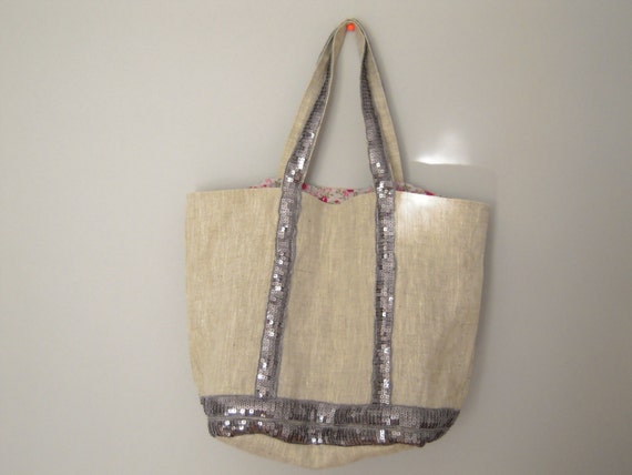 Linen bag with silver grey sequins tote bag in linen with