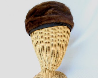 Vintage Ladies Fur Hat Mink Toque Black Satin