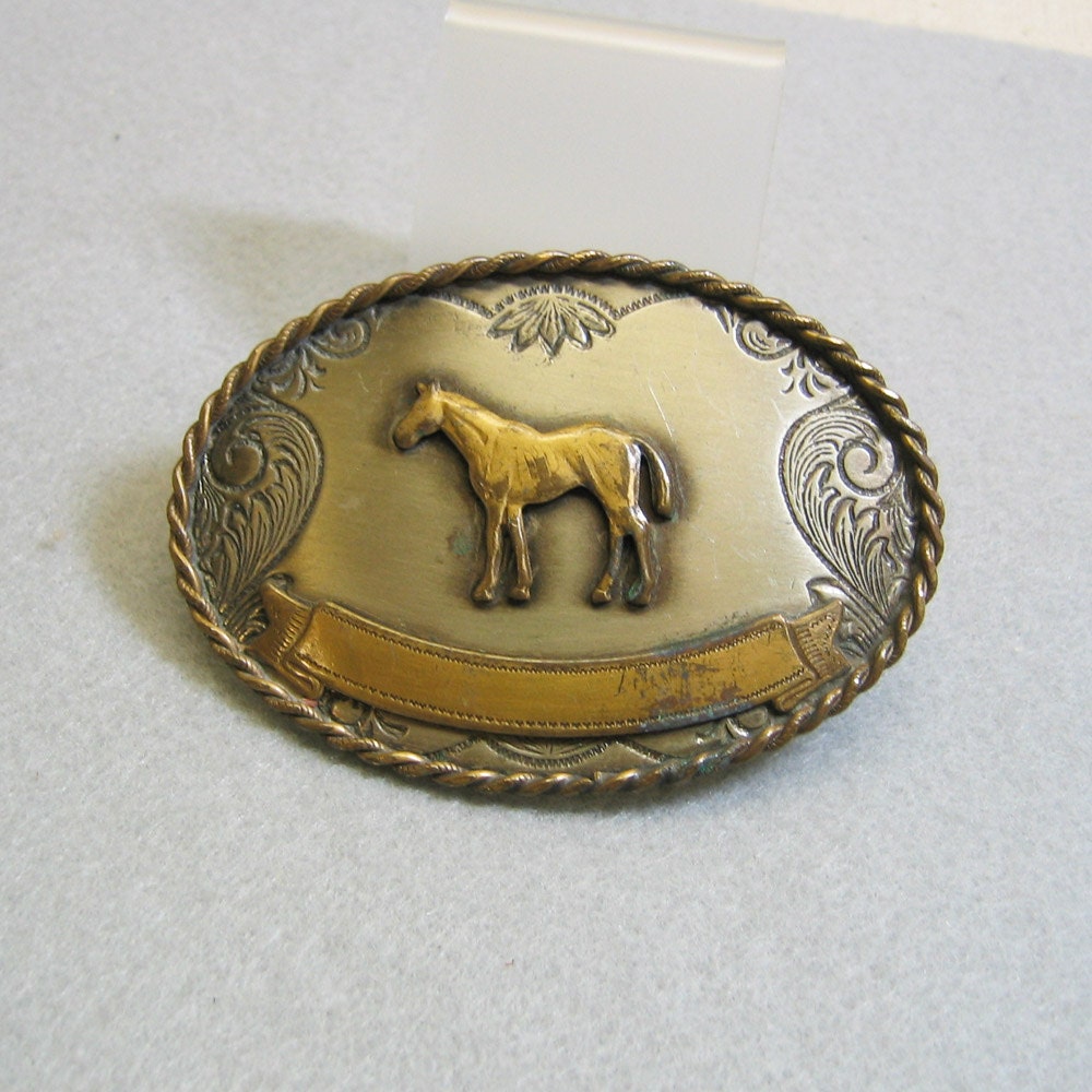 Vintage Western Horse Brass and Nickel Silver Belt Buckle
