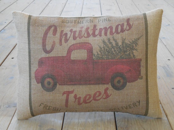 Christmas Trees Burlap Pillow, Vintage Truck, Rustic Christmas, Shabby Chic, INSERT INCLUDED