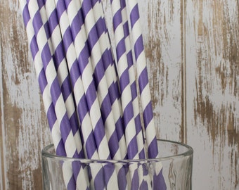 100 Purple barber striped paper drinking straws - biodegradable with FREE Blank Paper Flags. See also - "Personalized" flags option.