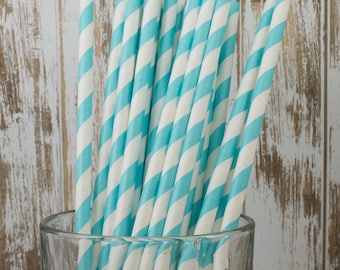 25 Robin's Egg Aqua Blue barber striped paper drinking straws - biodegradable with FREE Blank Flag. See also - "Personalized" flags option.