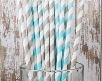 50 Robin's Egg Blue & grey mixed combo barber striped paper drinking straws , FREE DIY Flags. See also - "Personalized" flags option.