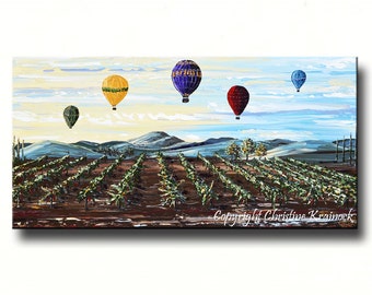 ORIGINAL Large Art Abstract Oil Painting Vineyard Wall Decor Wall Hangings Hot Air Balloons Wine Wall Art Textured 24x48 Christine Krainock