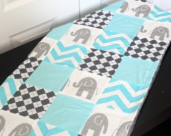 Baby Blanket, Modern Baby Quilt - Grey Elephant and Aqua Blue Baby Blanket