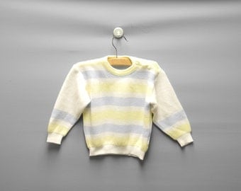 Vintage Baby Clothes, 1960's Petit Bateau White, Blue and Yellow Baby Sweater, Vintage Baby Sweater, Size 12 Months
