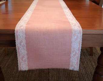 Pink Burlap and Lace Table Runner Blush Pink Table Runners Baby Girl Shower Decorations Blush Pink Wedding Burlap and Lace Wedding Decor