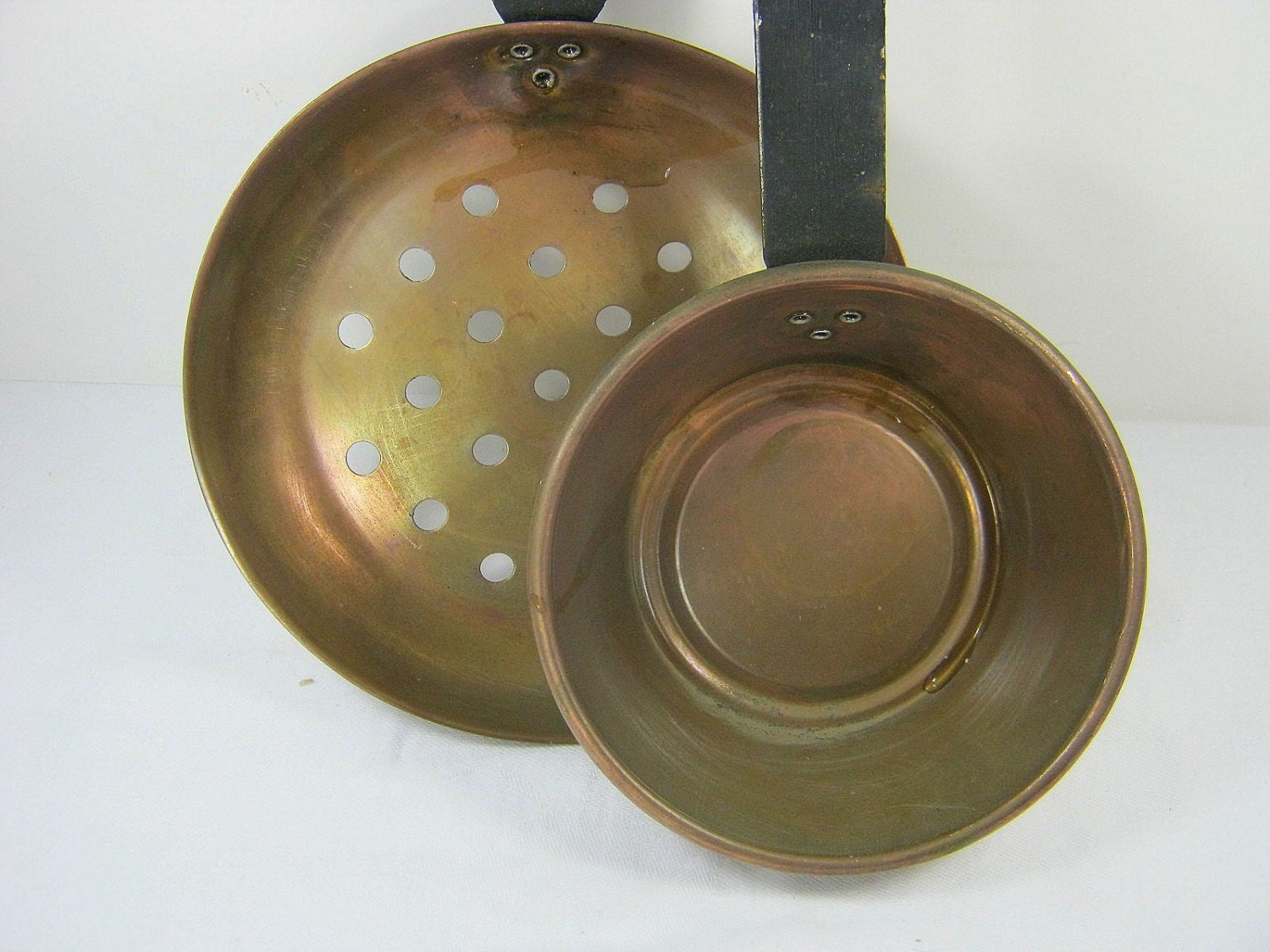 Vintage COPPER LADLE Set/2 Soup Chili Scoop Skimmer RUSTIC Patina