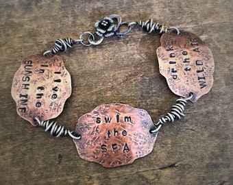 Live In The Sunshine Copper Bracelet, Emerson Quote Mantra Bracelet, Rustic Engraved Bracelet Inspirational Unique Copper Personalized Gift