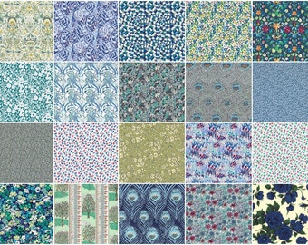 The deep blue green, Liberty print charm pack, 5" patchwork squares, 36 blue and green charm squares