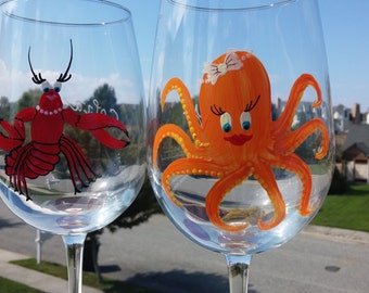 Girly Octopus and Lobster hand painted wine glasses.