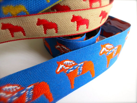 Dala Horse Embroidered Ribbon-Blue & Orange Trim-1 in. wide-Swedish Dalahasten-Scandinavian Woven Ribbon-Folk Horse-Scandi Winter Pattern