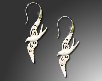 Dove Fake Gauges, Bone & Brass Tribal Earrings, Hand Carved Organic, Fake Gauge Earrings, SS3