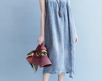 Women cotton and linen Sleeveless dress summer sundress in grass green/ jacinth