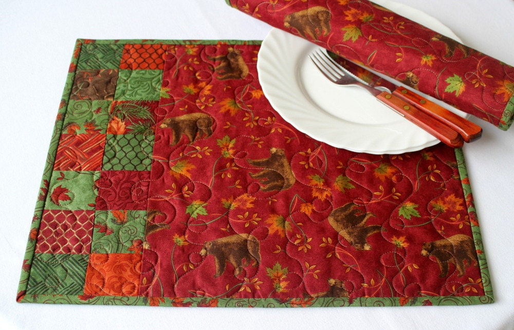 Quilted Fall Placemats Bears Red Green Maple Leaves Autumn