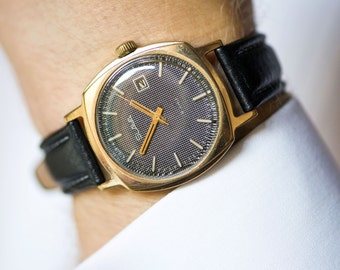 Gray men's wrist watch Glory, gold plated modern watch him, rare design gent's watch, square men's watch 80s, premium leather strap new