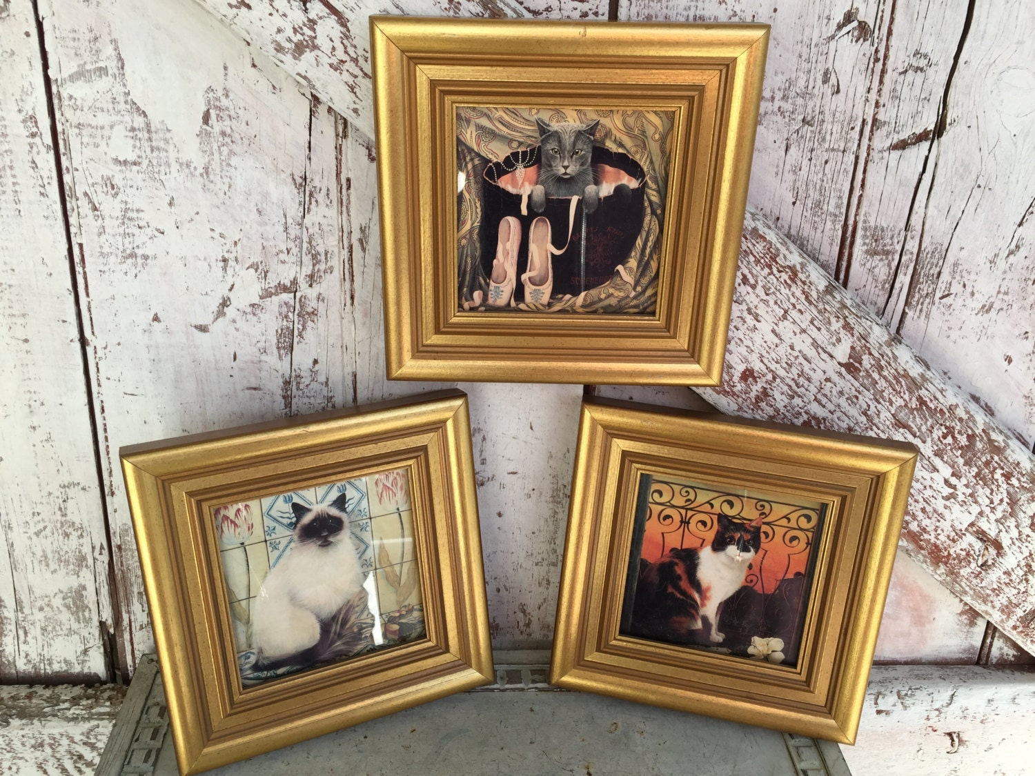 Gold framed cat pictures set of three vintage kitten art