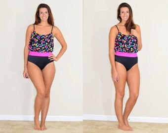 1980s Polka Dot One-Piece Black Swimsuit with Neon Details