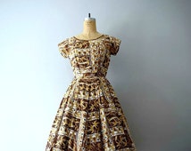 50s Palm Tree And Floral Print Belted Dress