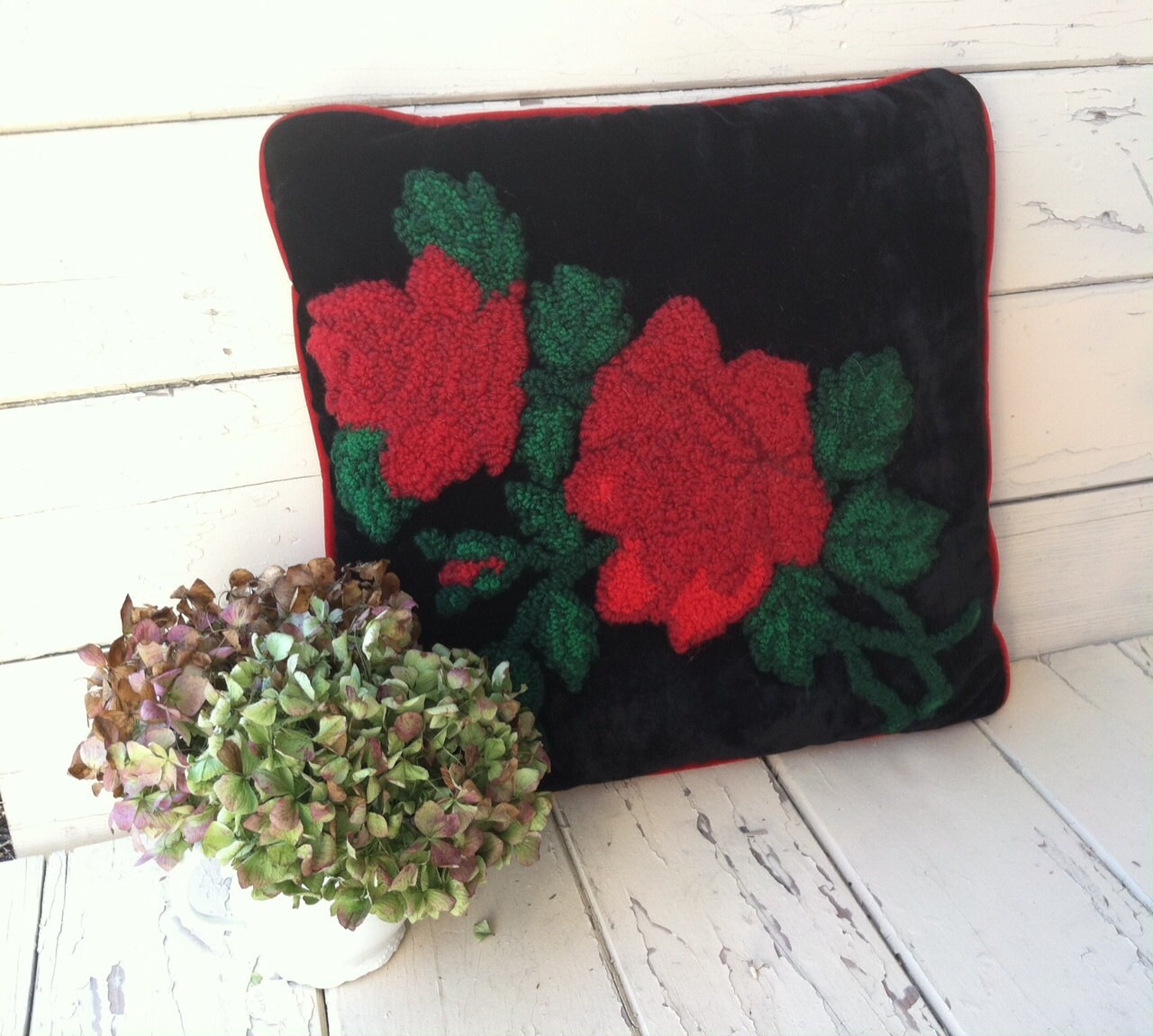Antique Velvet Rose Throw Pillow Velvet Hand Stitched
