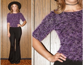 ON SALE Vintage 90s Festival Hipster Club Kid Raver Grunge Purple Black Clueless Fuzzy Furry 3/4 Sleeve Boatneck Top S