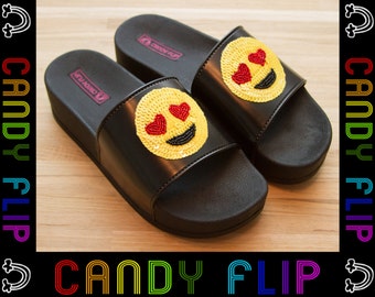 90s Black Club Kid Chunky Platform Sequin Emoji Hearts Happy Face Smiley Smile Love Women's Slide Flip Flop Sandal Shoes 8 9 10