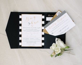 Classic Black White and Gold Wedding Invitation Suite Sample RESERVED