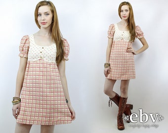 Babydoll Dress Dolly Dress Vintage 70s Pink Plaid Floral Puff Sleeve Mini Dress XS Lolita Dress Pink Dress Puff Sleeve Dress Hippie Dress