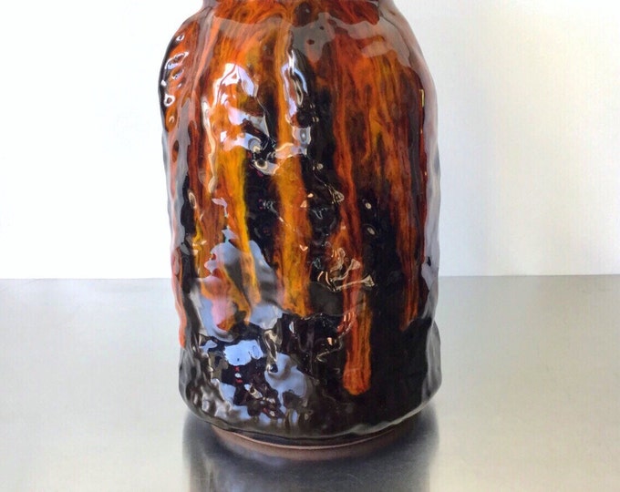 Large Fat Lava Vase, Ornate Orange and Red Vase, Big Brown Vase, Bumpy Vase. Unsigned. Pottery and Ceramics. Vintage Collectables.