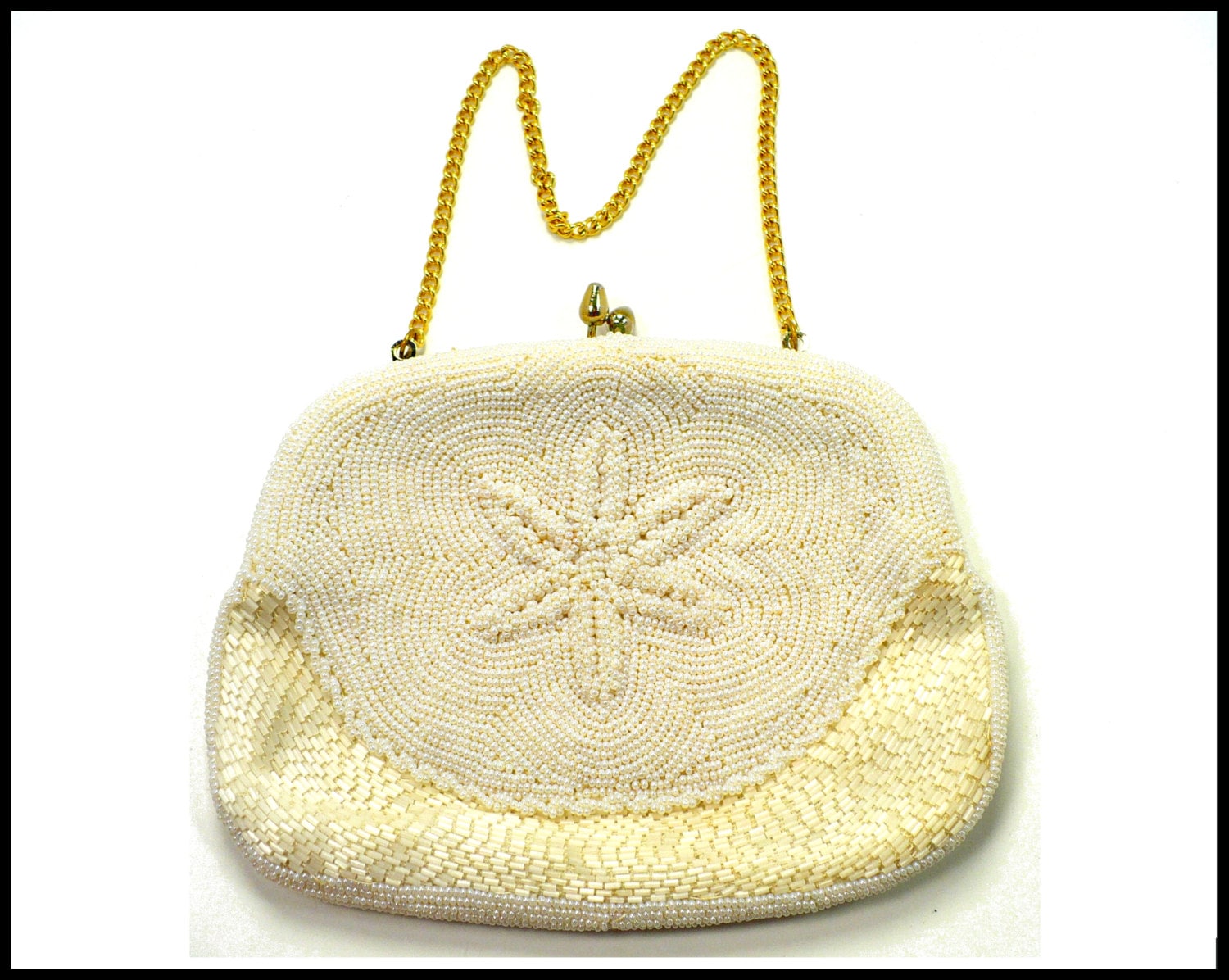 White Pearl Evening Bag Beaded Purse with Chain Strap White